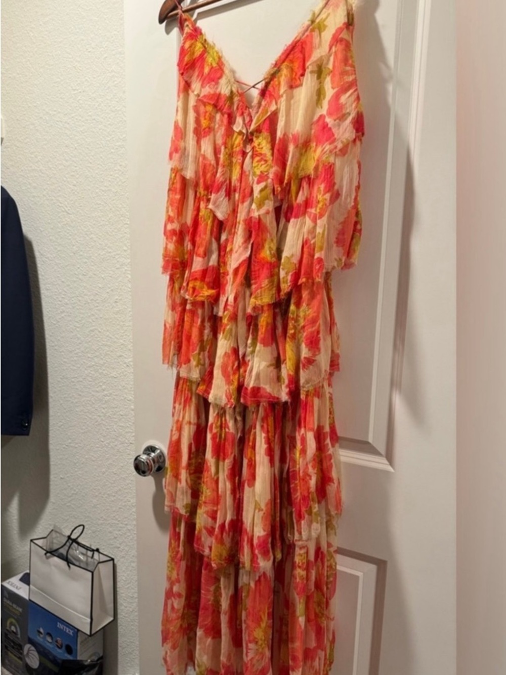 Free People Coral and Cream Tiered Ruffle Maxi Dress